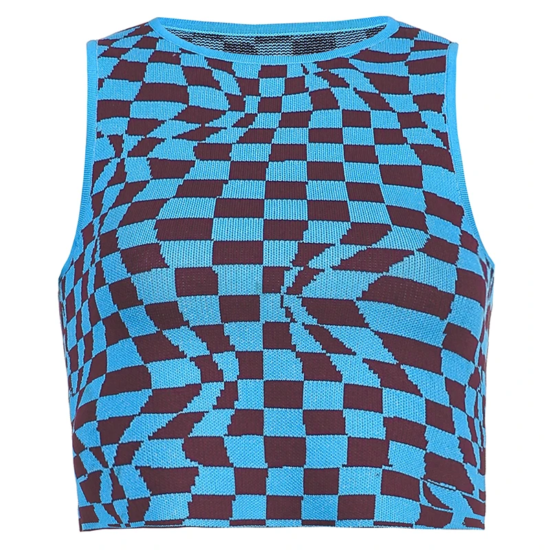 

Rockmore Plaid Printed Sleeveless Crop Top Women Fashion Knitwear Casual Tank Tops Party O Neck Vest Harajuku Summer Clothes New