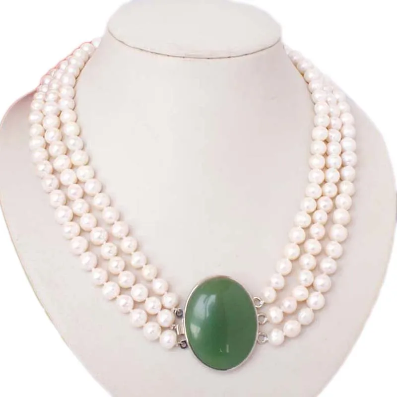 

6-7mm White Freshwater Pearls Round Bead Necklace Green Stone Pendant Women Fashion Jewelry Making Design Mother's Day Gift