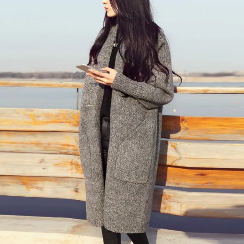 Женский вязаный свитер с карманами повседневный однотонный Свободный кардиган