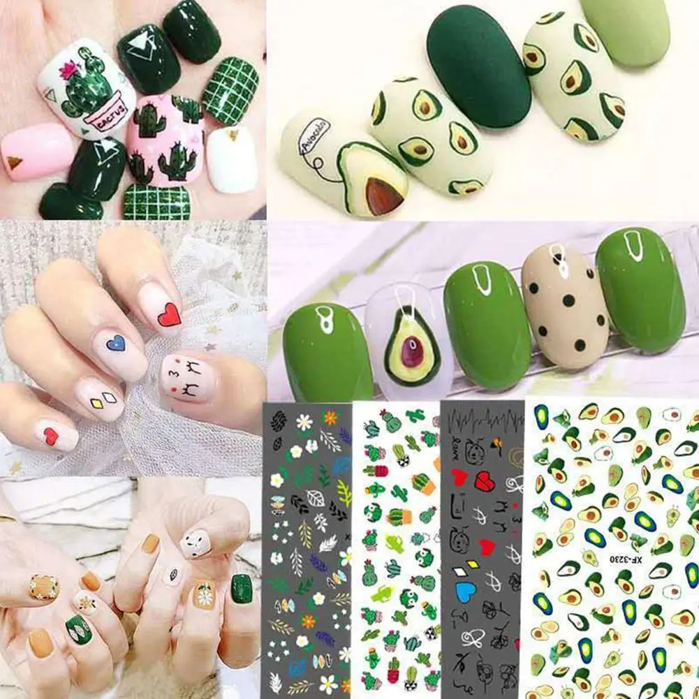 4 шт. сильный клей кактус авокадо цветок наклейки для ногтей переводятся на ногти