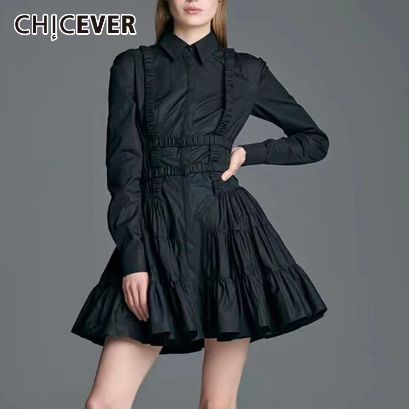 

CHICEVER однотонное мини-платье для женщин, воротник с лацканами, длинный рукав, высокая талия, минимализм, оборки, высокие уличные платья, женск...