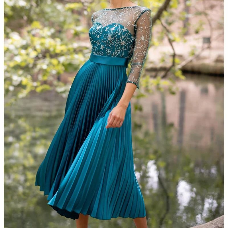 

Пикантное цветочное плиссированное платье с открытой спиной и круглым вырезом, одежда с длинным рукавом и высокой талией, зеленое платье