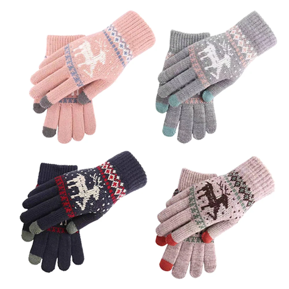 

Female Winter Cute Elk Deer Snowflake Wool Knitted Warm Mittens Korean Couple Full Finger Touch Screen Driving Gloves H50