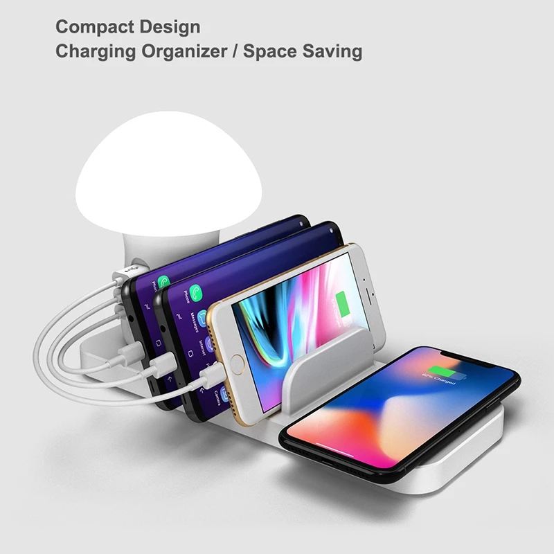 Multiple USB Phone Charger Mushroom Night Lamp Wireless Charging Station EU Plug for Mobile Phones | Электроника