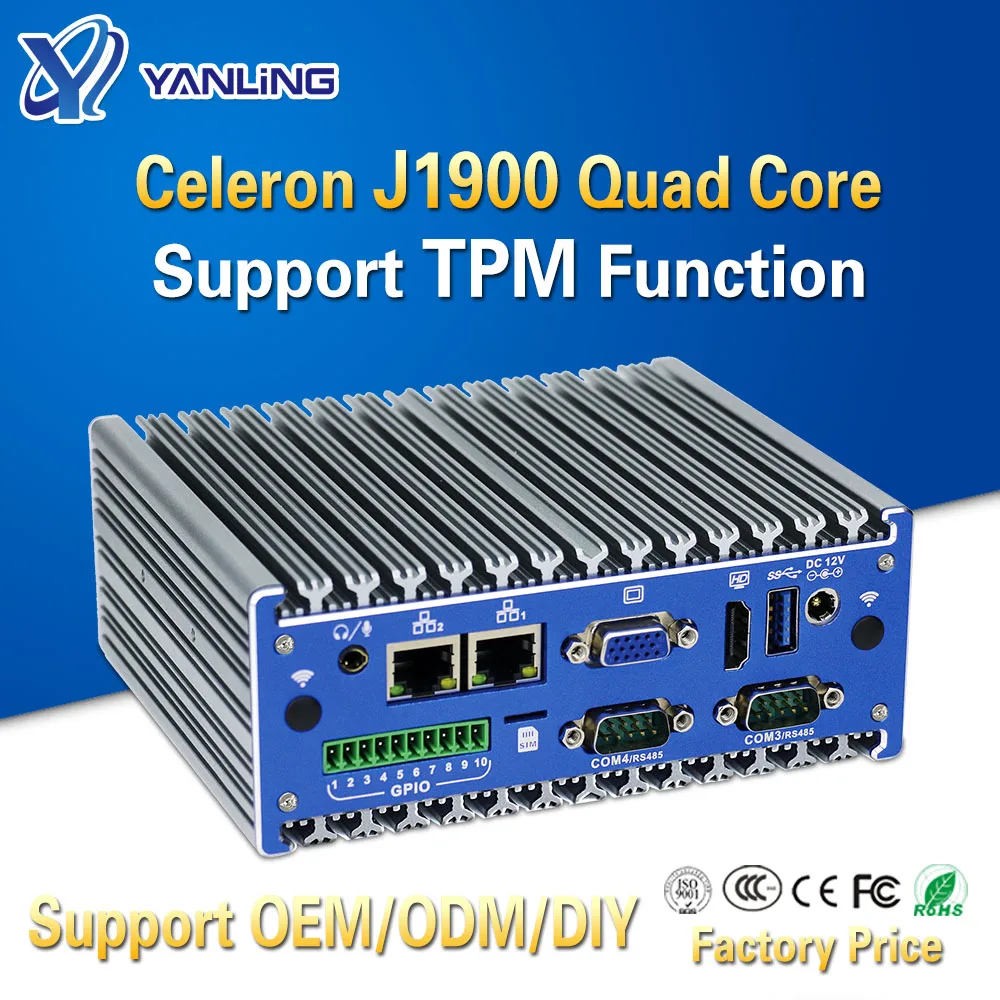 Мини ПК Yanling без вентилятора Intel J1900 4 ядра Гб ОЗУ 1 * GPIO RS232 COM поддержка функции TPM