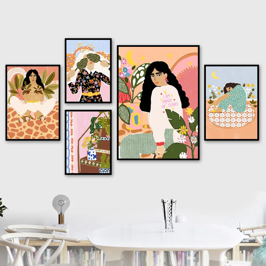 

Fashion retro girl abstract illustration wall art canvas painting nordic poster and prints living room decoration painting wall