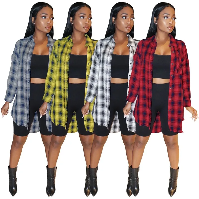 

Fashion Women Blouses 2021 Spring and Autumn New Women's Long Sleeve Top Casual Tassel Beautiful OverSize Plaid Shirt Women