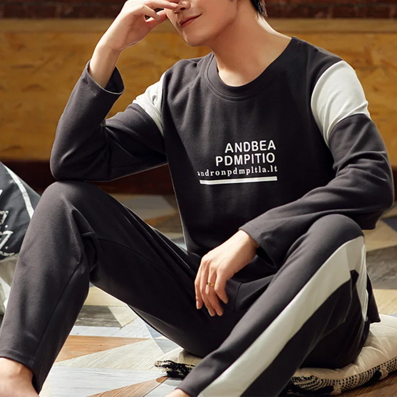 

Осенне-зимняя мужская хлопковая Пижама с надписью, полосатая одежда для сна, Мультяшные пижамные комплекты, Повседневная Пижама для сна и о...