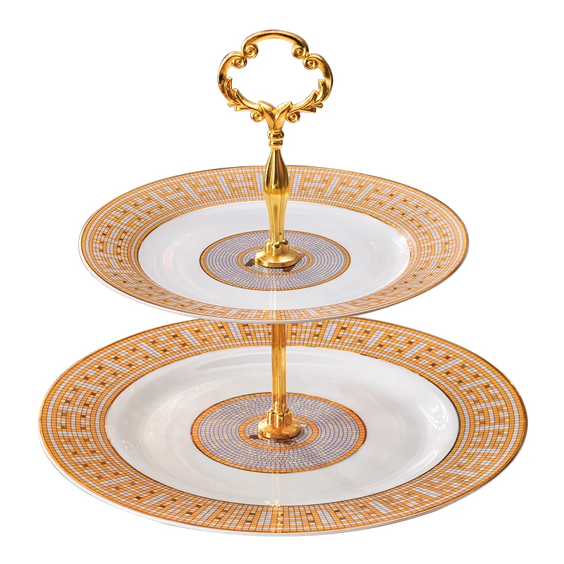 Gold Ceramic Dish Round Tableware Dinner Dishes Sets Food Cake Double Fruit Plates | Дом и сад