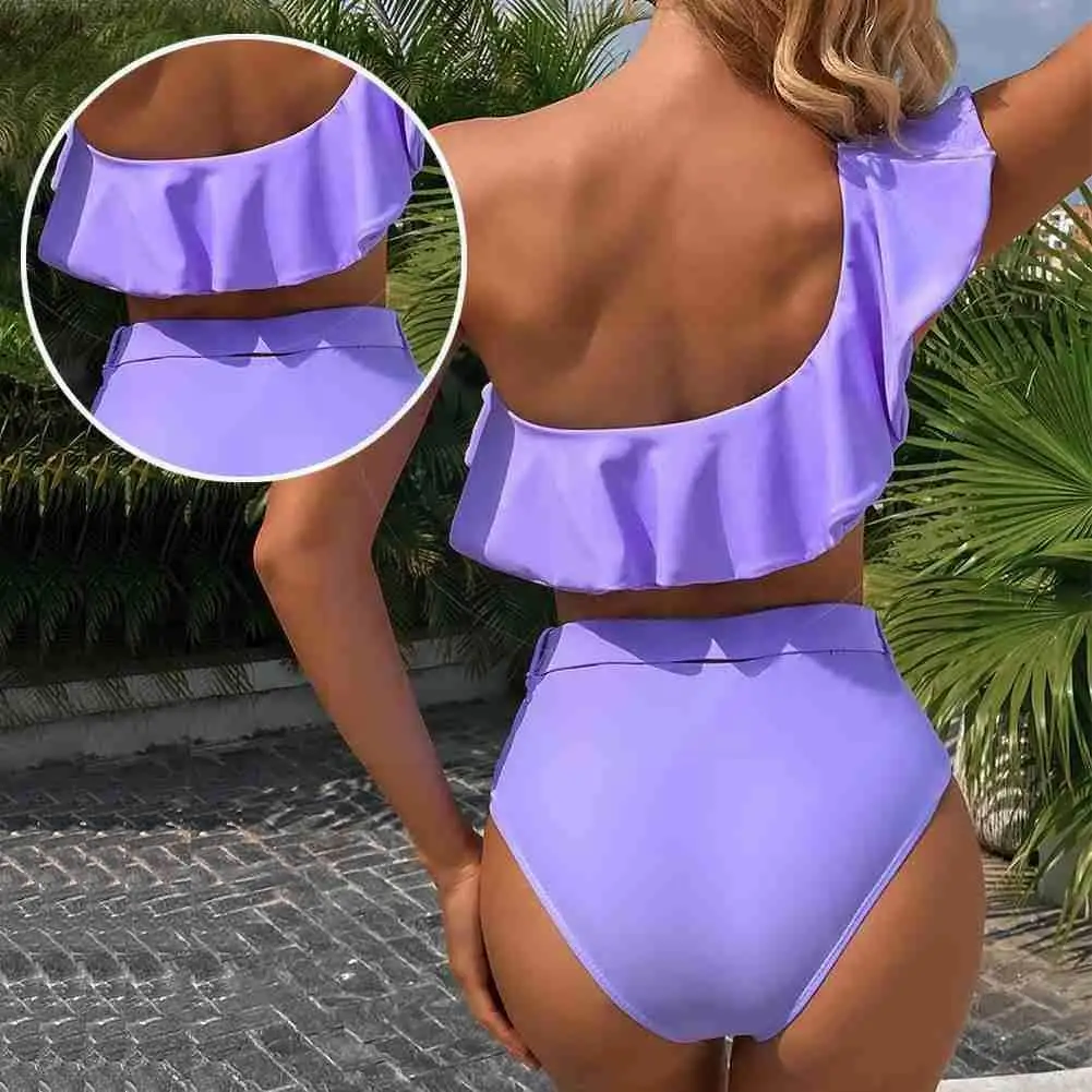

2021 Women One Shoulder Ruffle High Waist Bikinis Casual Female Swimwear Ladies Swimsuit Biquini Set Swim Suit Bathing Biki R2M3