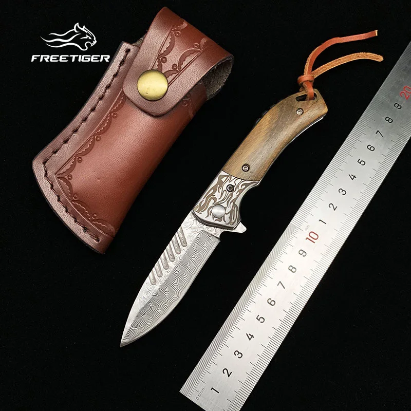 Складной нож для кемпинга FREETIGER FT703 дамасская сталь кожаный чехол деревянная