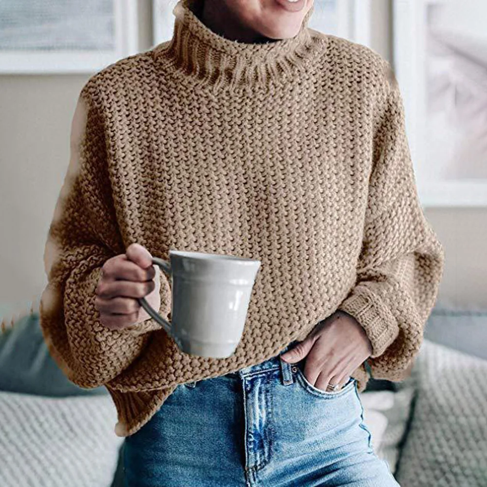 

Осенне-зимняя новая женская блузка Свободный Повседневный вязаный пуловер с рукавом летучая мышь водолазка свитер базовый Однотонный свит...