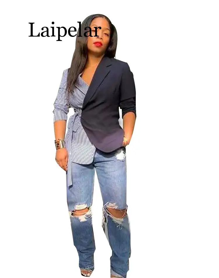 

Laipelar, Осень-зима, женские блейзеры с длинным рукавом, с треугольным вырезом, в полоску, с принтом, из кусков, винтажные, офисные, женские, элег...