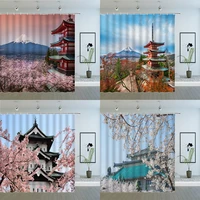 spring pink cherry blossoms landscape shower curtains classic architecture flower plant scenery bathroom cloth hanging curtain