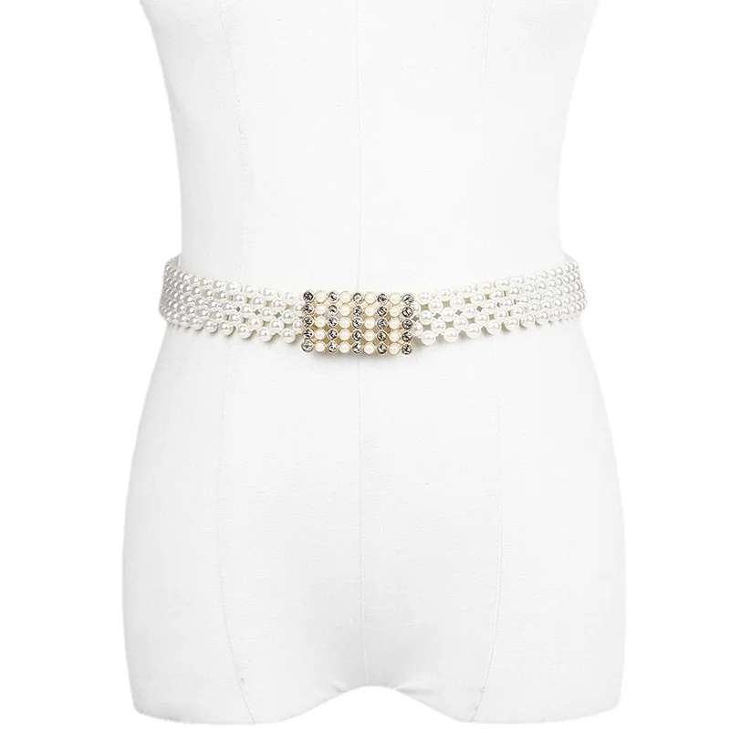 

Ladies Casual Fashion Pearl Diamond Elastic Waist Gold Chain Suit Dress Luxury High Quality Top Designer Brand Belt for Women