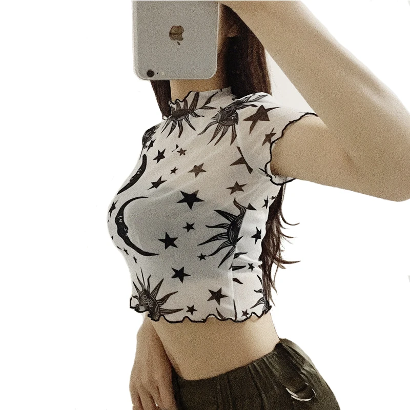 

Sun Moon Printed Transparent Mesh Sexy Lotus-leaf Sleeve T-Shirt Women Lotus Leaf Neck Slim Basic Casual Female Tops 2021 Summer
