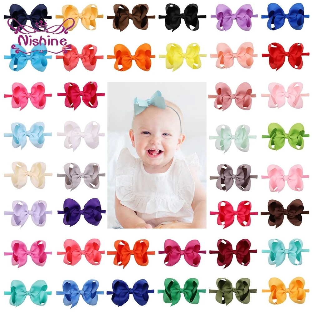 

Nishine 4 Inches Grosgrain Ribbon Bowknot Baby Headband Solid Color Handmade Bows Elastic Hairband Infant Headwear Photo Props