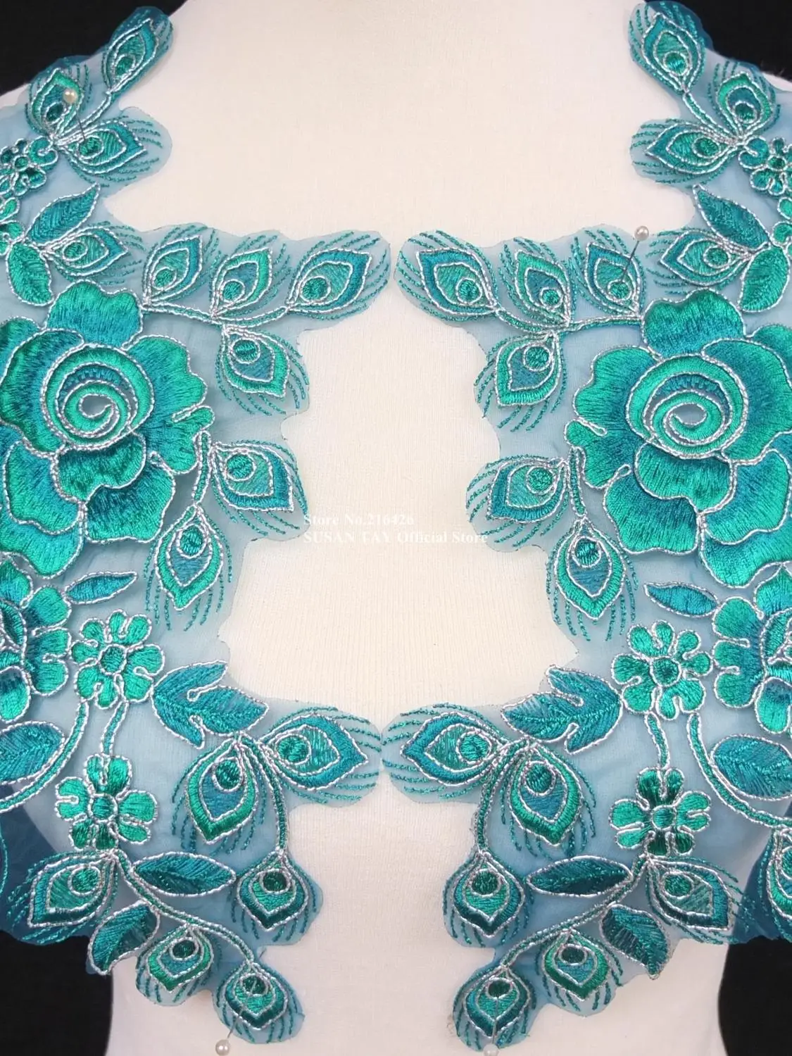1 пара = 2 шт. x темно синий/Серебряный цветок кружево вышитые аппликации воротники