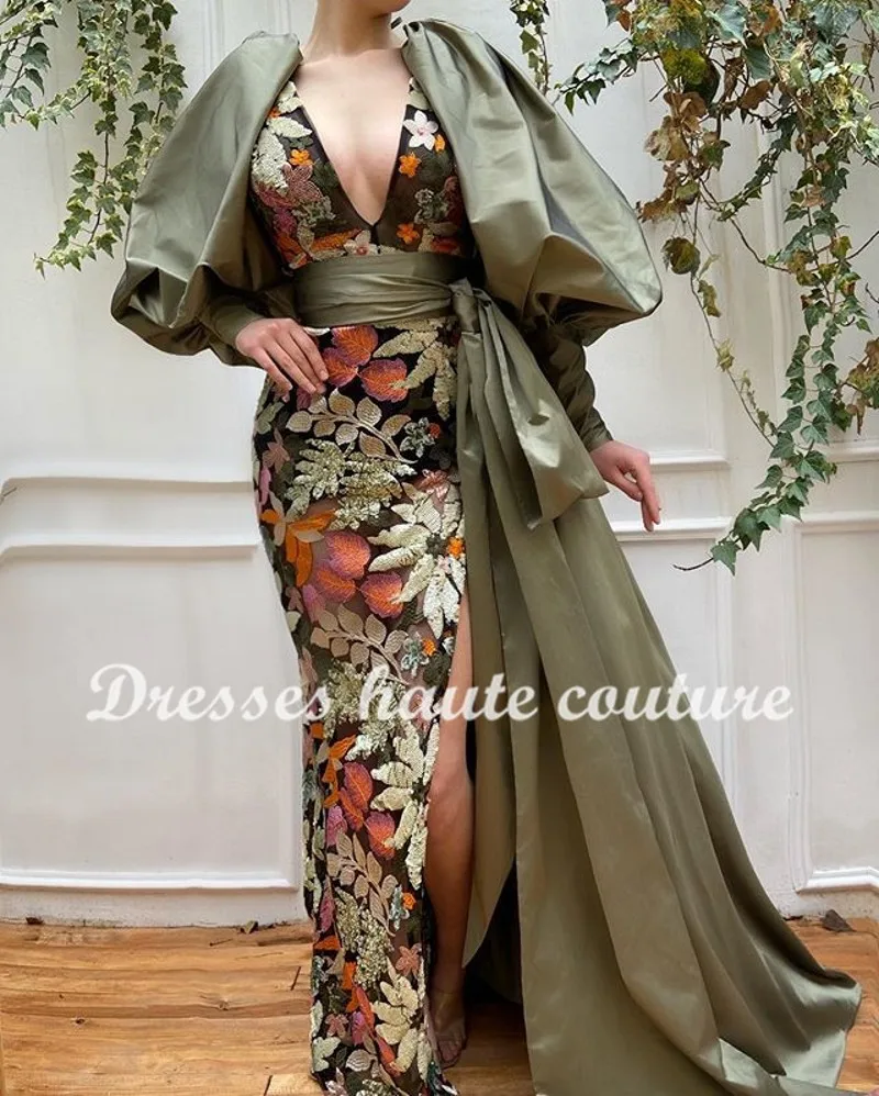 

Real Photos Elegant Embroidery Lace Sequined Evening Dress Colorful Long Sleeves Mermaid Prom Gowns Vestido De Festa