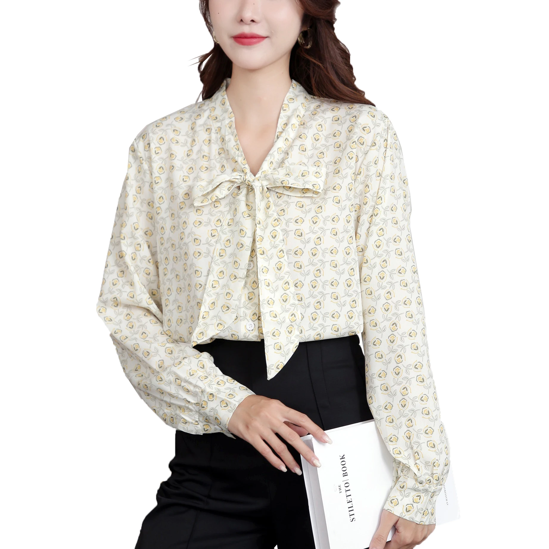 YOMING Ready Stock Ladies all-match Blossom Printed Chiffon Shirt Long sleeve Short Blouse with Bow Tie