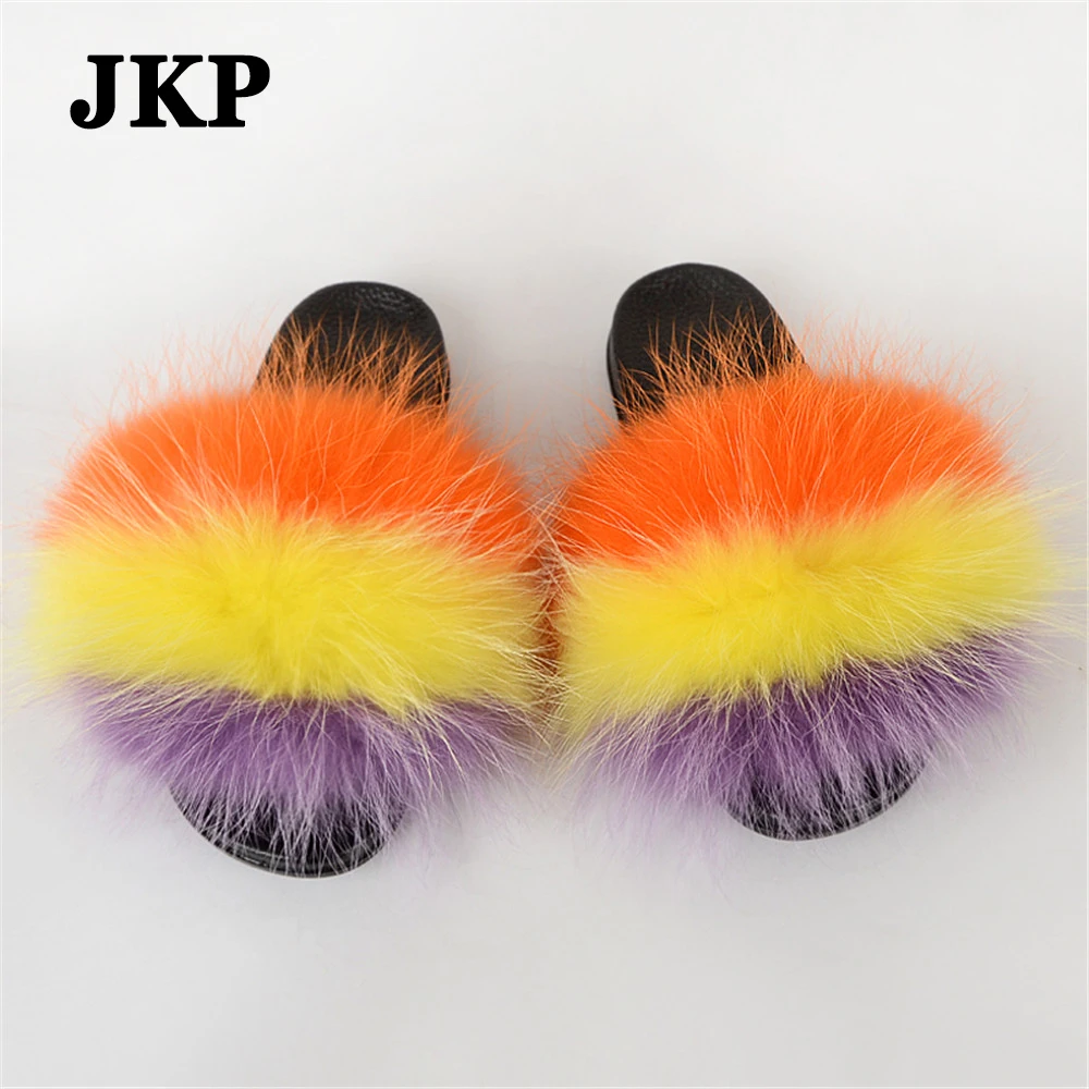 

New Real Raccoon Fur Slides Women Summer Slippers Fluffy Fur Slippers Casual Non-Slip Flat Sandals Female Home Shoes TX17