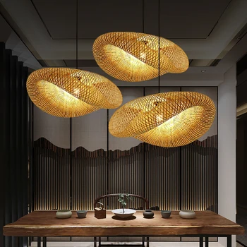 Handmade Bamboo Pendant Light Vintage Wicker Rattan Wave Shade Penant Lamp for Dining Room Bedroom Indoor lighting