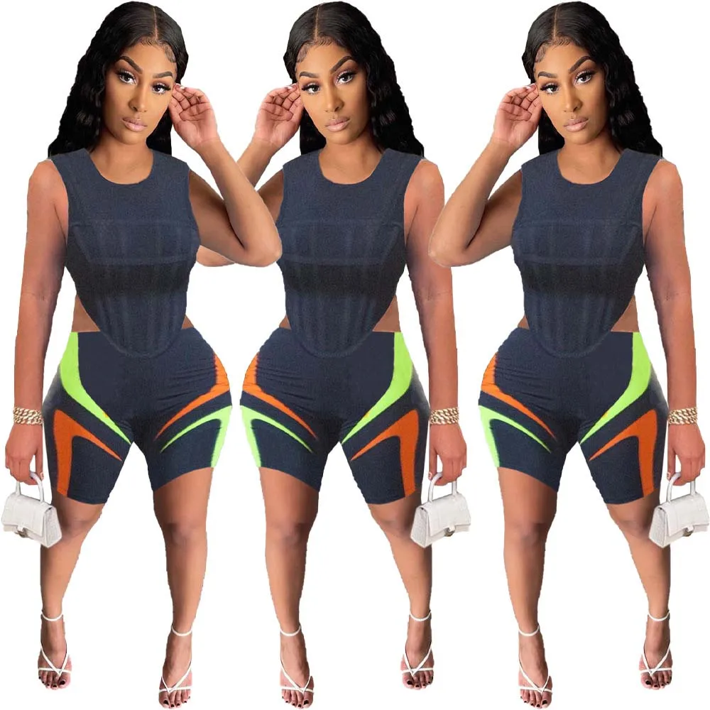 

Geometric Pattern Sportswear Two Piece Suit Women's Clothing 2021 Sleeveless Irregular Tank Tops and Skinny Biker Short Outfit