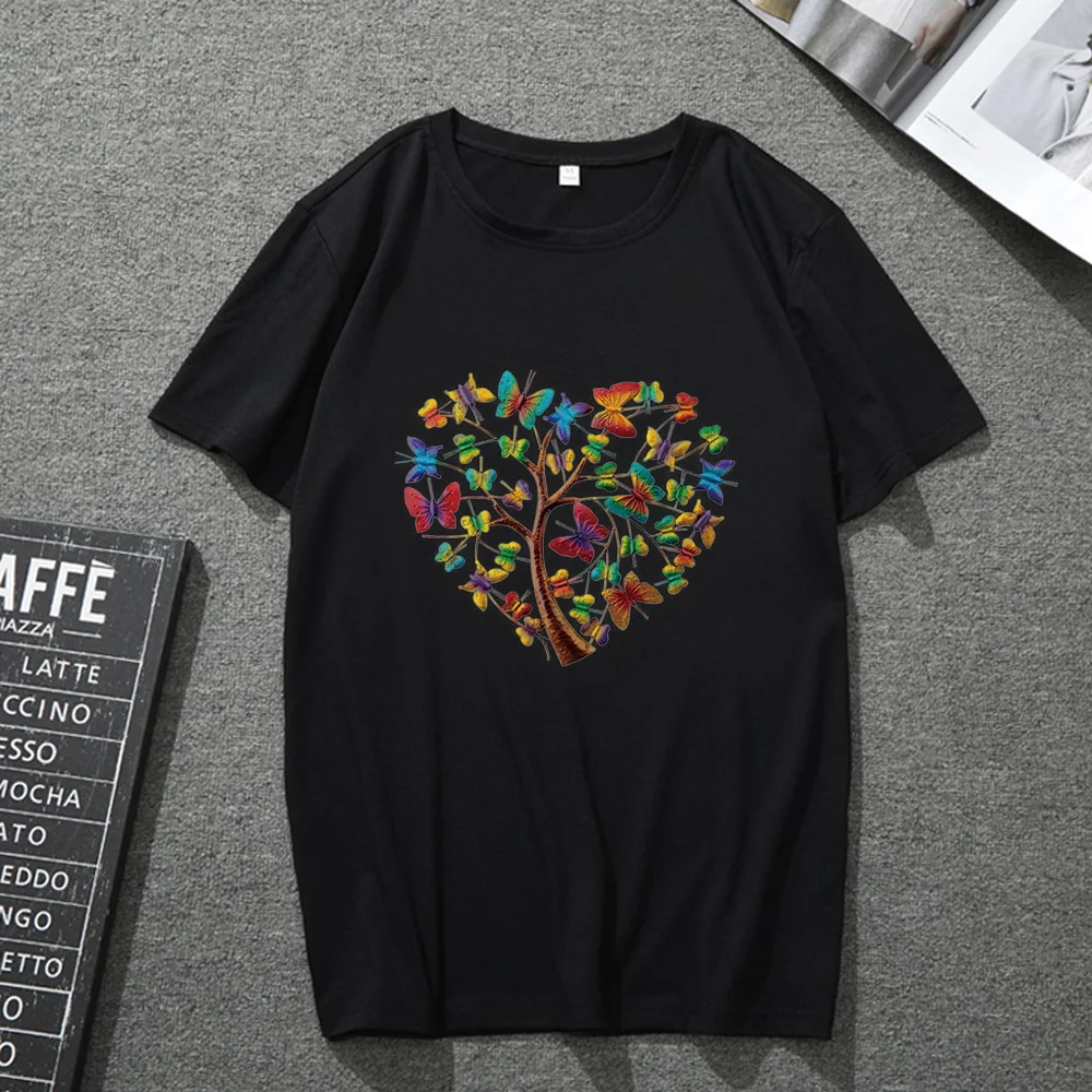 

T-shirt Unisex O-neck Black All-match Series Personality Creative Butterfly Print Short-sleeved Men's and Women's Top