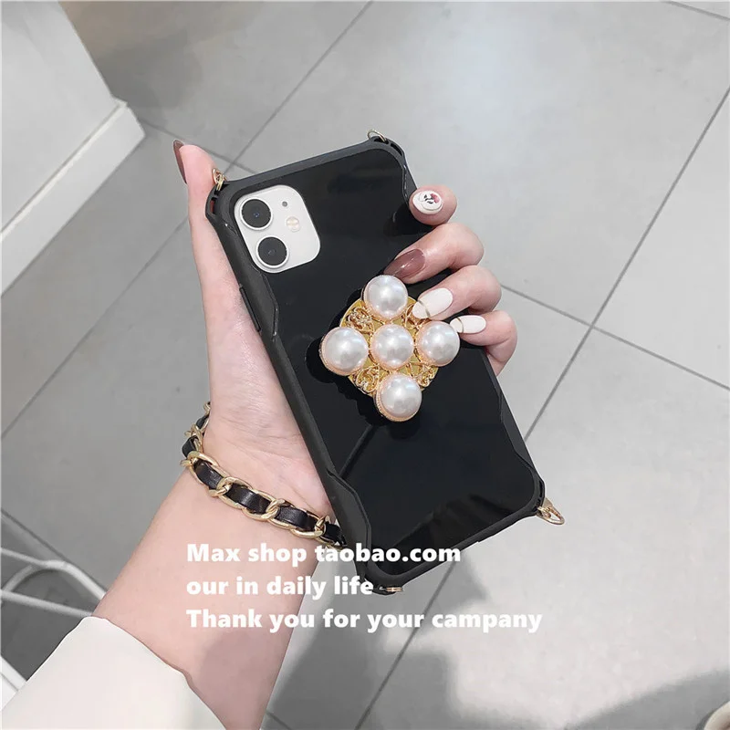 

3D Glitter Luxury brand pearl metal holder stand chain wrist soft phone case for iphone 11 Pro X XR XS Max 6S 7 8 plus SE 2020