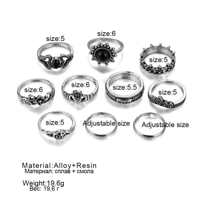 10Pc /Set Openwork Flower Elephant Crown Peach Heart Round Gem Adjustable Women Silver Color Rings Fashion Jewelry | Украшения и