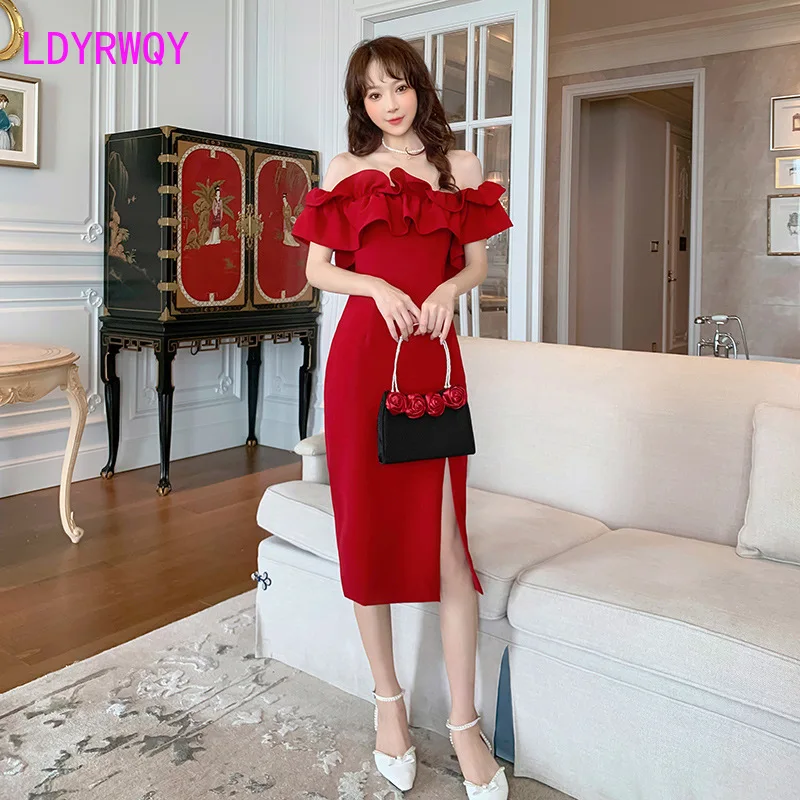 

LDYRWQY 2021 summer new Korean version of sexy one-line collar wine red ruffled split buttocks fashion slim temperament dress