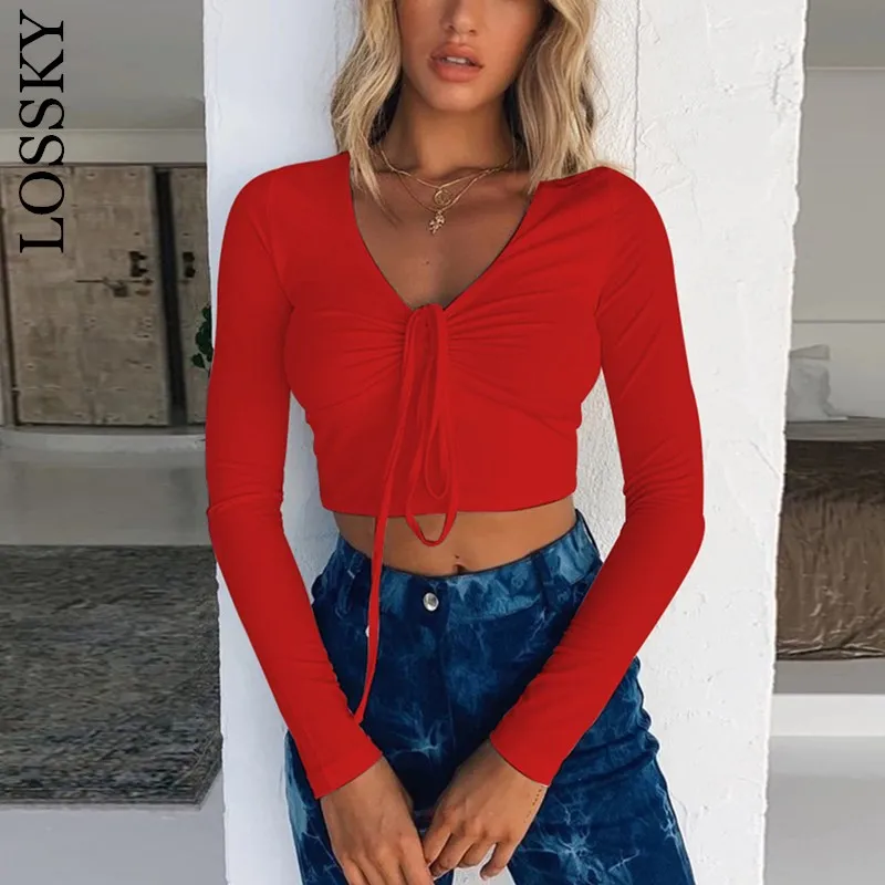 

V Neck Sexy Long Sleeve Crop Top T Shirt Women Autumn Ruched Lace Up Casual Tee Shirt Black Winter Slim Club Shirts T-shirt 2020
