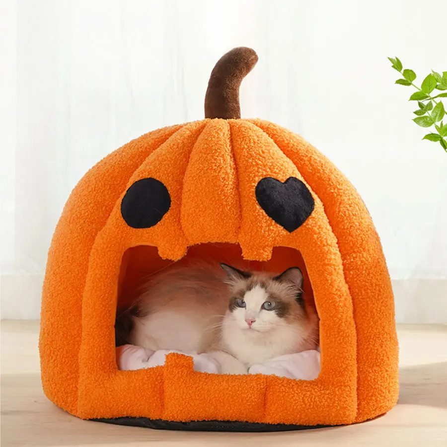 

Домик для кошек на Хэллоуин в форме тыквы, Лежанка для кошек, коврик для щенков, съемная подушка для домашних животных, котенок, гнездо для гл...