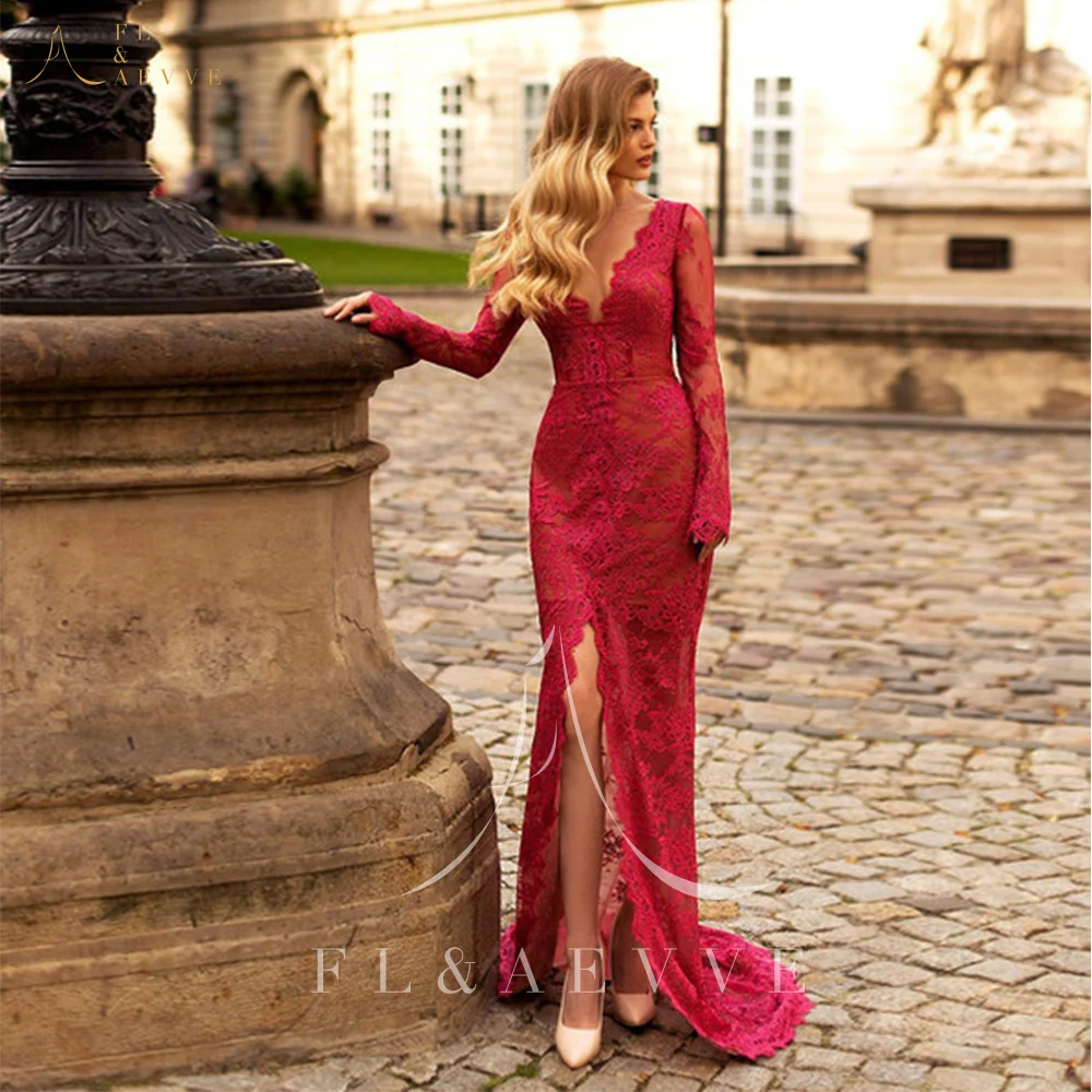 

Великолепные красные кружевные вечерние платья с разрезом сбоку 2022 официальное платье с длинным рукавом и V-образным вырезом Вечерние плат...