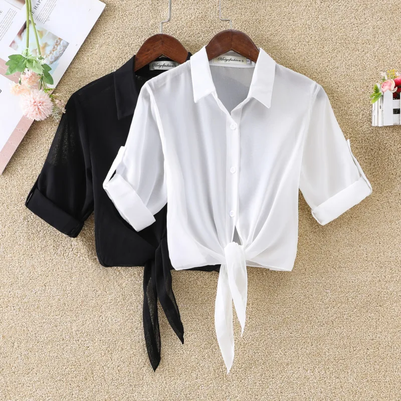 

#5335 Белый белые шифоновые блузки для женщин с коротким рукавом Повседневная Солнцезащитная пляжная Бохо Женская Сексуальная короткая блуз...