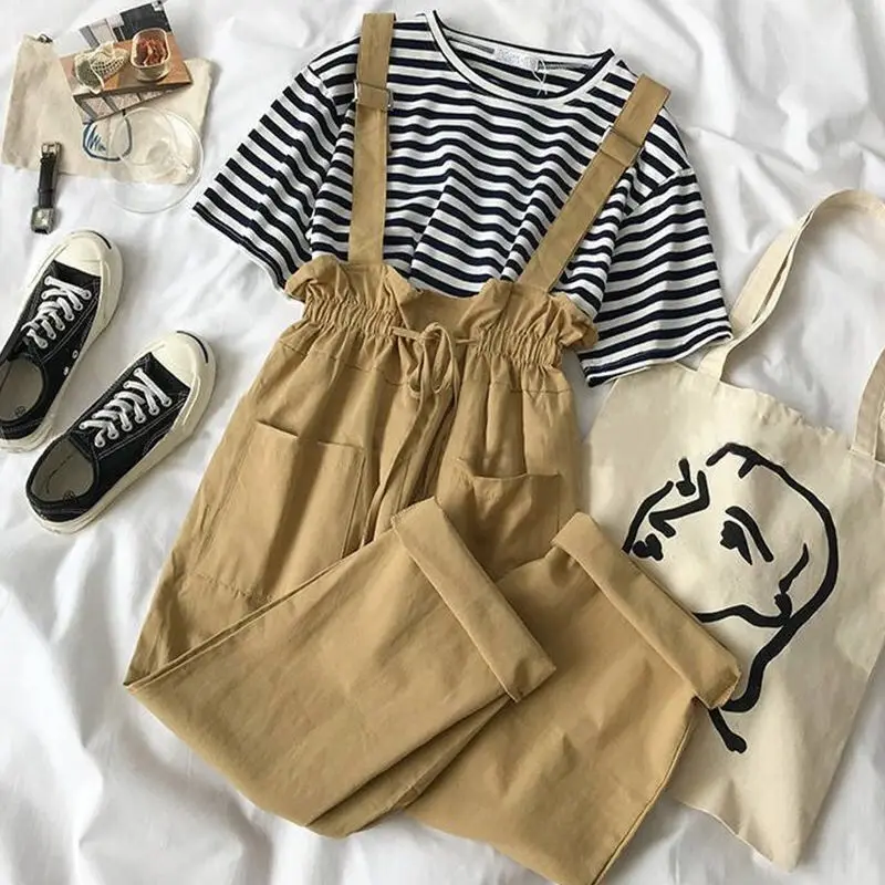 Женский летний комплект из 2 предметов футболка в полоску и модные брюки