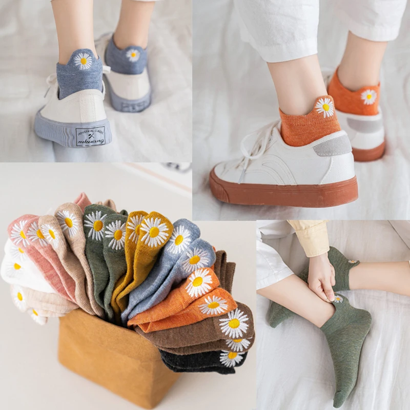 

feminino bonito meias kawaii bordado margarida meias de algodo crisntemo retro tornozelo meias engrado meninas flor sox