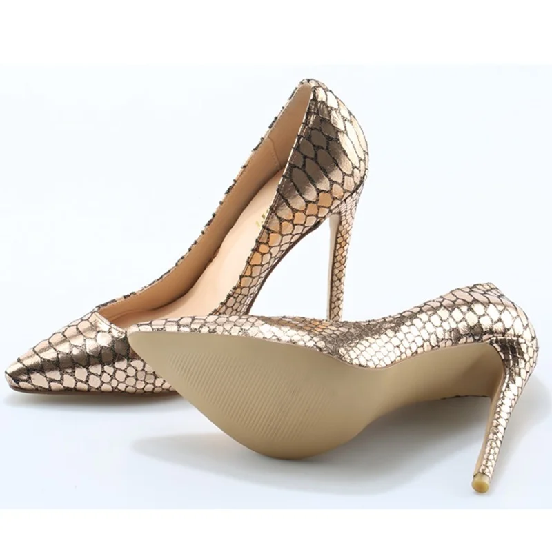 

Роскошные женские блестящие туфли-лодочки с острым носком, золотые туфли из змеиной кожи на высоком каблуке, женские пикантные туфли-лодочк...
