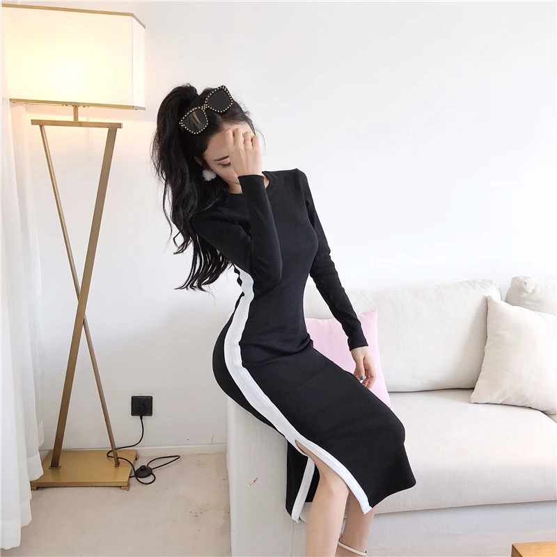 

Bodycon dress for women Square Neck Black Dress Women Elegant Cotton Fashion Side Split Dress Mini Ladies Basic