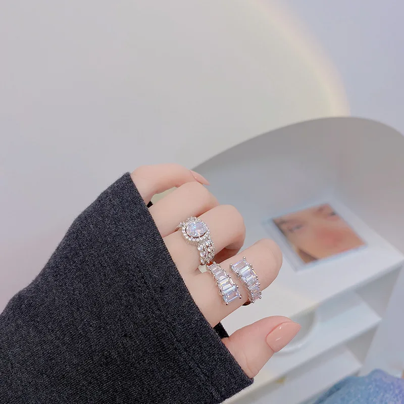 

Delicate Shiny Zircon Shape Ring for Women European and American Double Layer Ring Bague Daily Date Party Jewelry Accessories