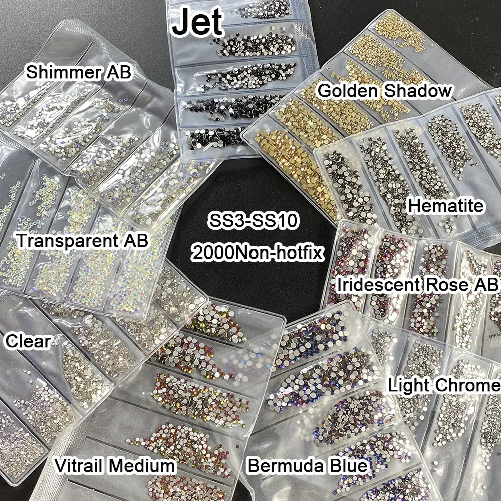 Clear Crystal AB 1440PCS Nail Art Rhinestones SS3-SS10 Flatback Non Hot Fix Rhinestones Glue On Nail Art Beads Decorations