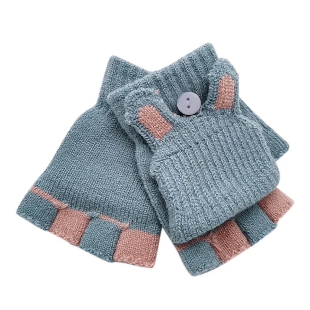 Детские зимние перчатки теплые вязаные складывающиеся с кроликом варежки без