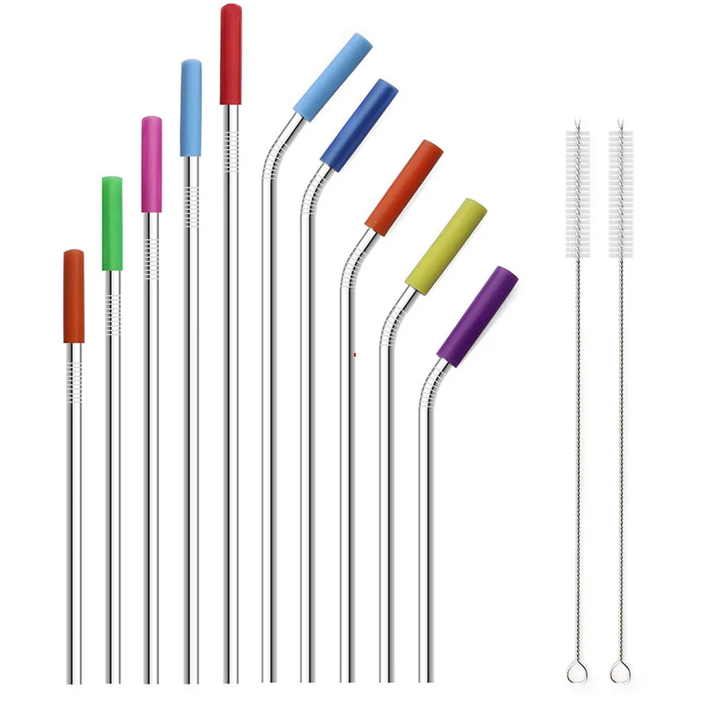 

2Pcs Straw Bent 304 Straw Metal Silver Straight With Stainless Steel Reusable Drinking Tips Cover Silicone Clean 1 Brush