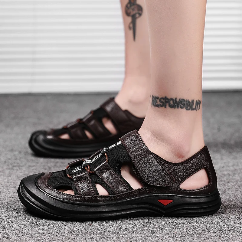 

UEXIA New Men Cow Genuine Leather Sandals Outdoor Summer Handmade Shoes Men's Breathable Casual Shoes Footwear Walking Sandals