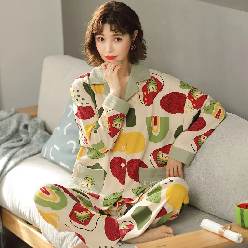 

Autumn Winter 100% Cotton Women Pajamas Set Pyjama Female Long Sleeve Cardigan Elegant Homewear Plus Size M-4XL Sleepwear