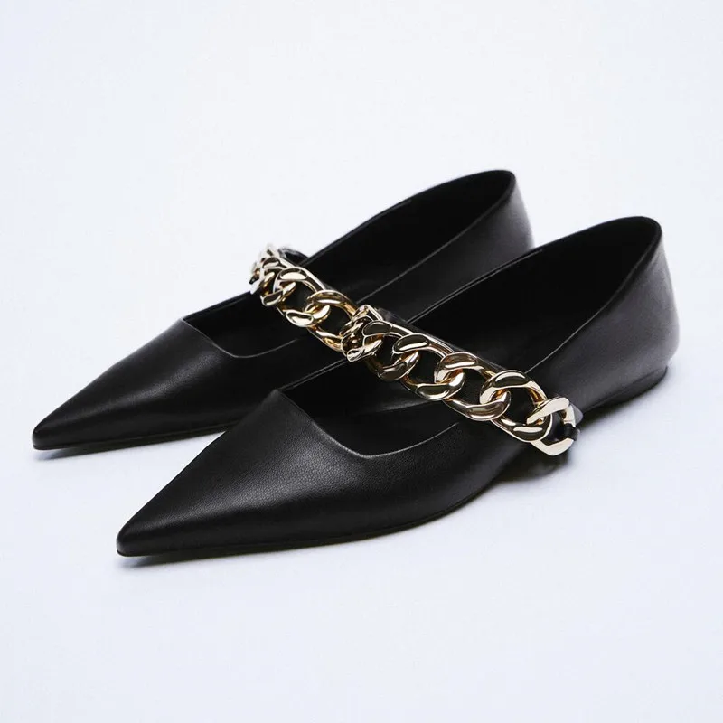 

ZAR 2022 Summer New Women Black Fashion Pointed Toe Flat Heel Chain Sexy Outer Wear Ballet Lazy Sandals And Slippers Woman Shoes