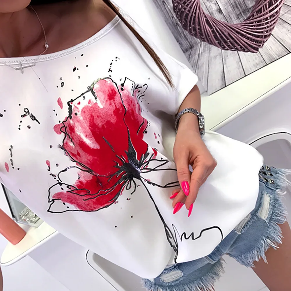 Женская блузка повседневная цветочный принт короткий рукав свободная футболка