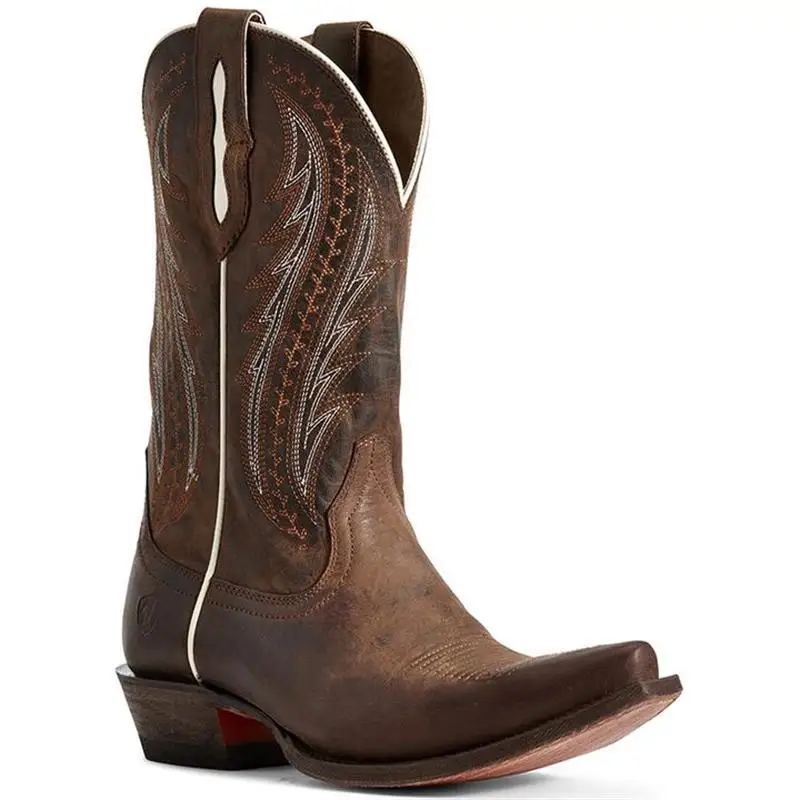 

2021 New Women Shoes Fashion Trend Classic All-match Brown PU Embroidery Retro Knee-length Square Toe Western Boots 6KF509