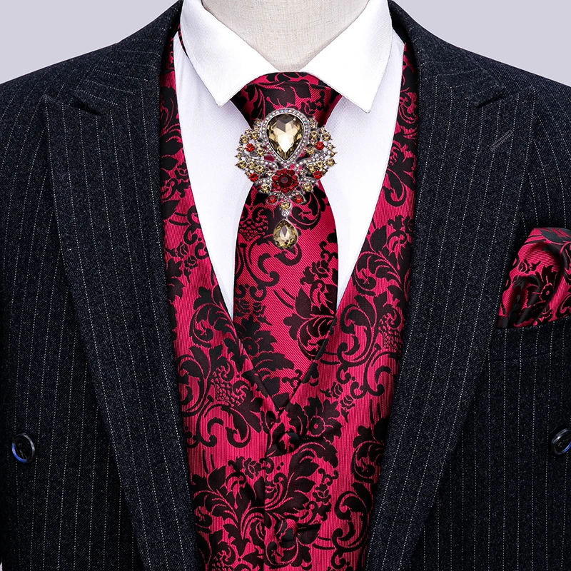 Barry. wang vermelho floral colete para homem fino terno colete de seda gravata conjunto lenço abotoaduras formal colete para negócios (0)