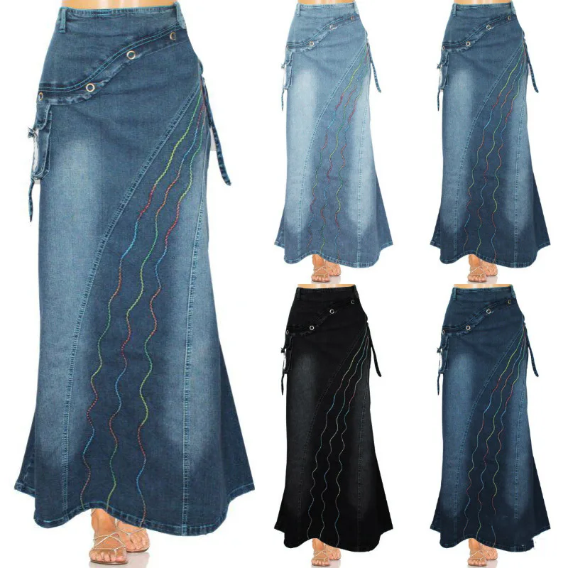 

Women's Irregular Ruffles Denim Long Skirts Female High Waist Pocket Mermaid Big Hem Jean Skirt 2020 Vintage Plus Size 3XL Skirt